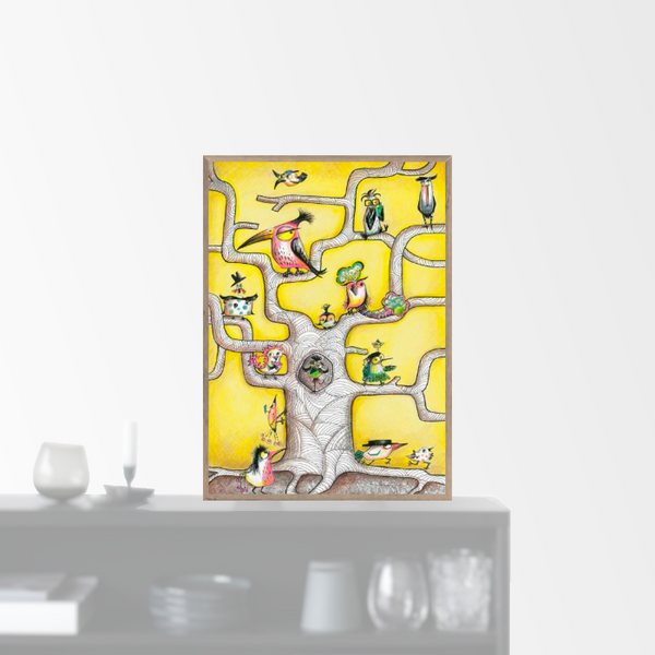 &quot;Bird Tree Yellow&quot; plakat (50x70cm)  Sofie B&oslash;rsting