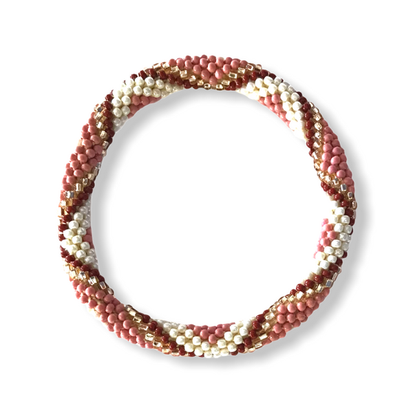 Roll-on "Nepal" perlearmbånd (hvid, rød & sølv)